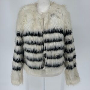 Black White‎ Striped Faux Fur Jacket Coat Size M Celsius Premium READ